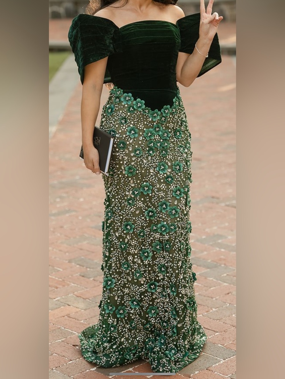 Emerald Green Embellished Floral Evening Gown - Picture 3 of 4